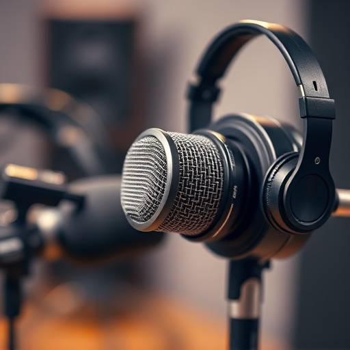 Nærbilde av profesjonelt voiceover-utstyr, inkludert mikrofon og hodetelefoner